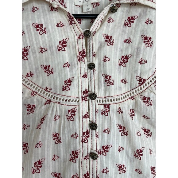 Pilcro Anthropologie Floral Boho Peasant Top S White Red Embroidered Border - Picture 3 of 7